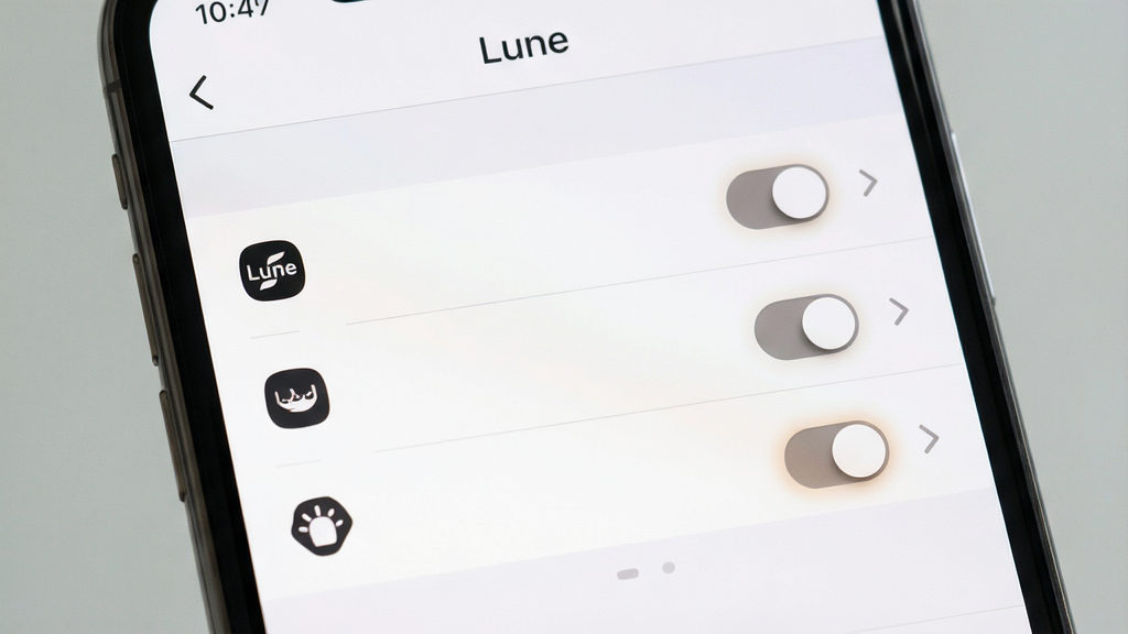 一张展示“Lune”应用设置界面的特写图,主体为手机屏幕中的分组列表布局,左侧为图标、右侧为开关与箭头,排版采用上下结构分区清晰,风格为浅色极简设计,细节包括细腻的分割线、柔和的选中态高亮,画质干净清晰,无杂乱装饰元素