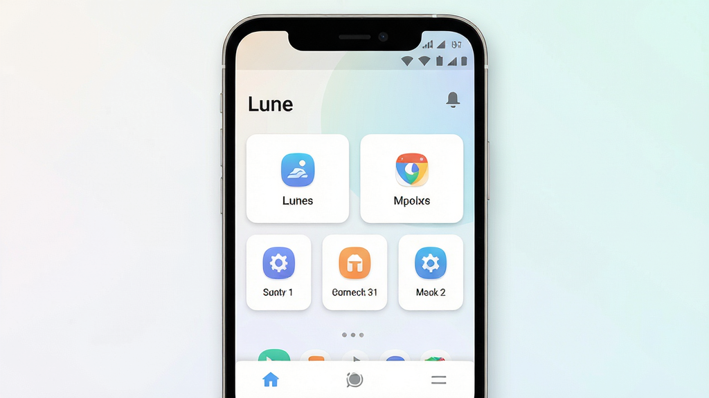 一张展示安卓手机界面的产品全貌图,画面中央是名为“Lune”的应用主界面,整体布局为上方状态栏、中部功能卡片区域、底部导航栏,排版干净留白充足,风格为现代扁平化UI设计,细节包括圆角图标、浅色渐变背景、柔和阴影,画质清晰锐利,画面干净无多余元素,适合软件下载站展示