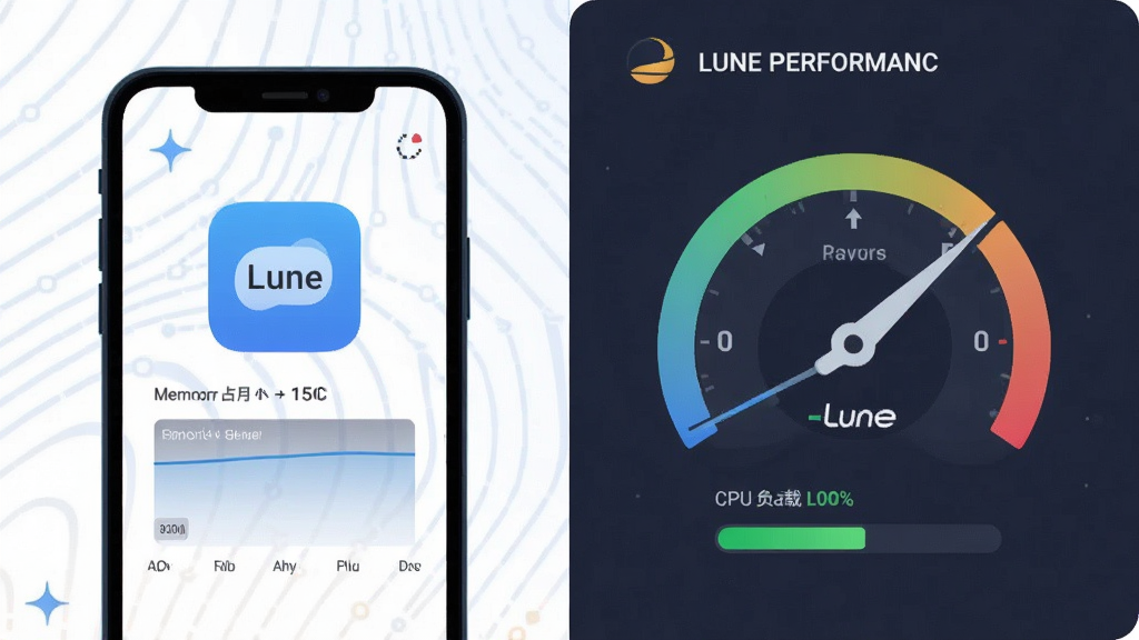 一张表现“Lune”应用低资源占用的概念图,主体为手机与性能仪表盘并列展示,布局为左机右表,排版对称平衡,风格为科技感扁平插画,细节包括内存占用曲线平稳、CPU负载指示条处于低位,画质清晰明亮,画面干净无冗余元素