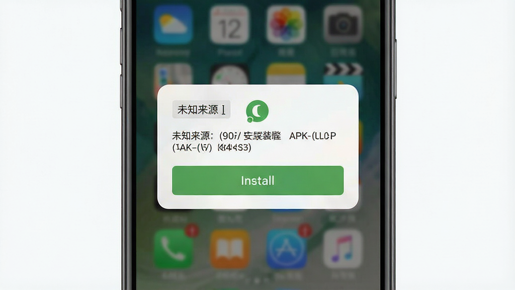 一张展示手机安装APK过程的示意图,主体为手机屏幕弹出安装确认对话框,布局为居中弹窗加背景虚化,排版简洁明了,风格为写实UI插画,细节包括“未知来源”提示标签、安装按钮高亮,画质清晰干净,无多余装饰