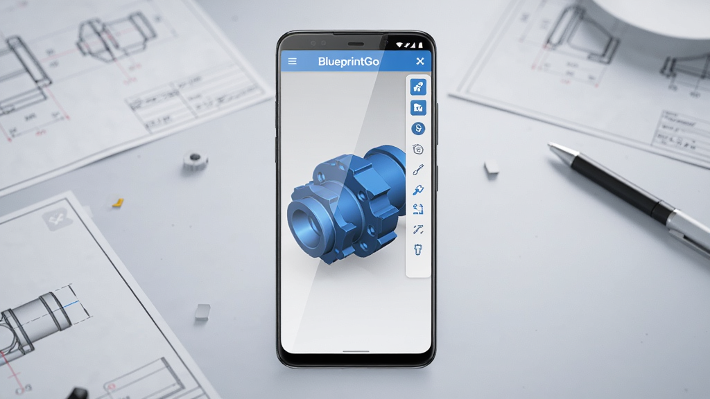 主体为一部竖屏安卓手机,屏幕上显示BlueprintGo软件的3D模型查看界面,界面中有蓝色调的机械零件三维模型和侧边工具栏;布局为手机居中放置,背景为浅灰色渐变的工作台桌面,桌面散落几张工程图纸和一支笔;排版突出手机屏幕内容,四周留白干净;风格为现代科技感产品展示图,光线柔和;细节包括屏幕玻璃反光、模型边缘高光、工具栏图标清晰可辨;画质高清,干净,无多余元素