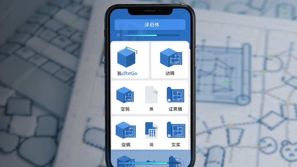 主体为BlueprintGo软件的文件导入界面,屏幕上排列着多个不同格式的模型文件图标,图标带有三维立方体与图纸样式;布局为手机界面居中,图标呈网格状排列;排版清晰展示格式多样性;风格为扁平化科技UI风格,蓝白配色;细节包括每个图标下方的小字格式标识、顶部导入按钮、进度条微光;画质高清,干净,无多余元素