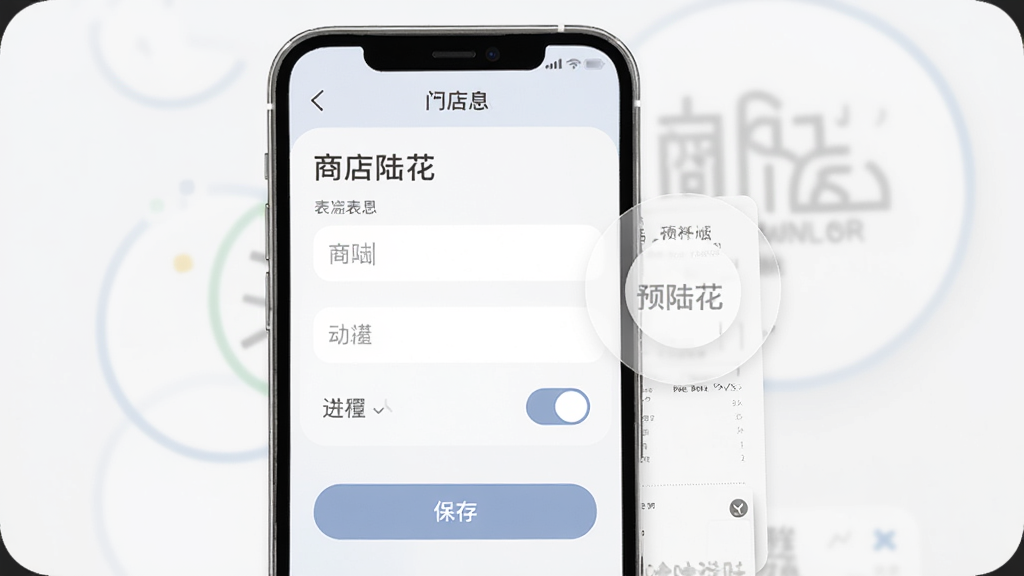 商陆花电子小票设置界面,手机屏幕展示门店信息填写表单与预览区域,包含输入框和开关按钮,布局分栏清晰,风格柔和圆角,细节包括品牌标识占位和保存按钮,画质清晰,干净,无多余元素