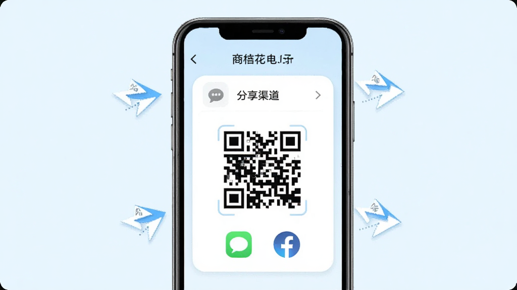 商陆花电子小票分享功能展示,手机屏幕呈现分享渠道选项与二维码图案,周围有发送箭头图标,布局居中,风格清新浅色,细节包括短信图标和社交图标,画质清晰,干净,无多余元素