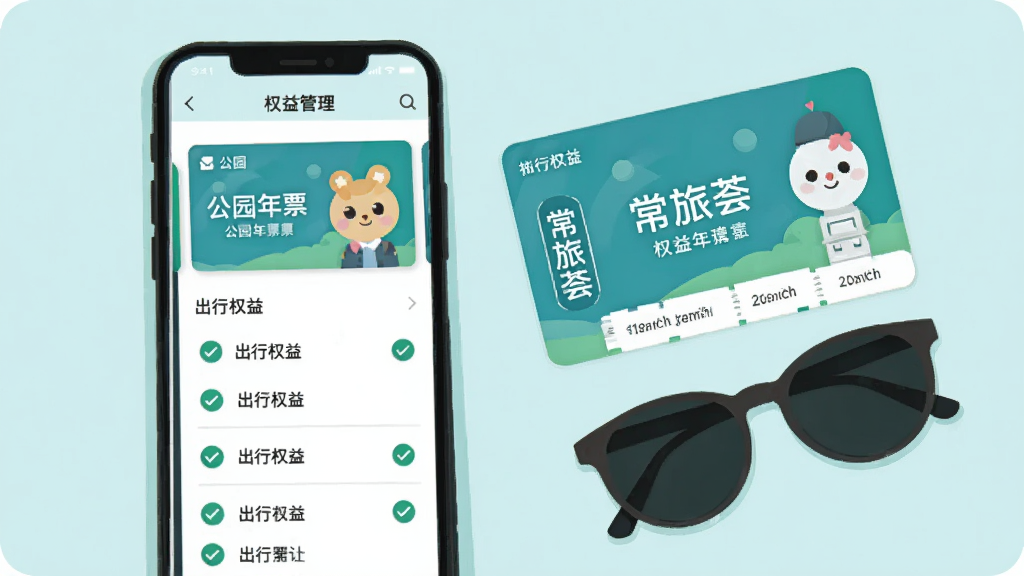 一部手机屏幕显示“常旅荟”权益管理页面,页面上方是公园年票卡片,下方排列出行权益列表,每个条目配有绿色对勾图标,手机旁边放着一张实体年票卡片和一副太阳镜,整体为扁平插画风格,蓝绿色调为主,布局左文右图,画质清晰,干净,无多余元素