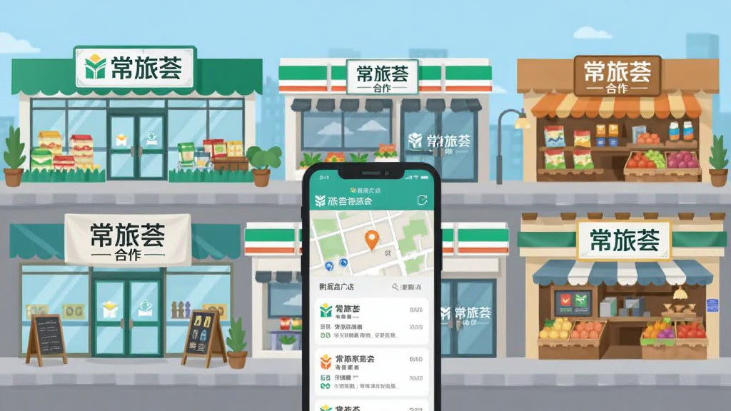 一幅城市街景插画,画面中有超市、便利店、水果店等多家门店,每家门店门口标有“常旅荟”合作标识,画面中央一部手机屏幕显示附近门店列表地图,整体风格为扁平化城市插画,色彩清新,布局为横向展开的街景,细节上门店招牌清晰可辨,画质清晰,干净,无多余元素
