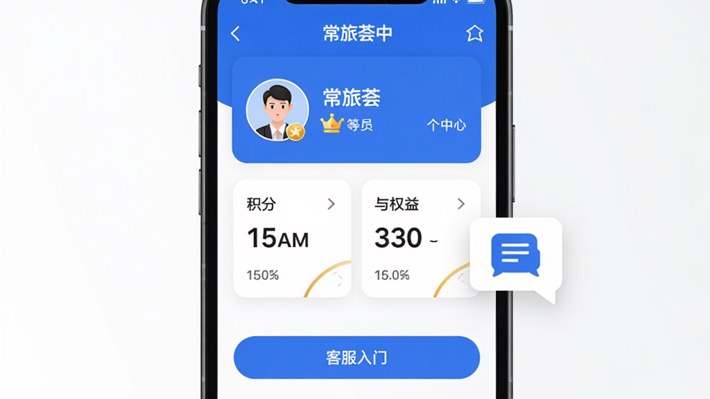 一部手机屏幕显示“常旅荟”个人中心页面,页面上方是会员头像与等级标识,中部为积分与权益卡片,下方为客服入口按钮,手机右侧漂浮一个客服对话框图标,整体风格为简洁UI展示风,蓝白配色,布局手机居中,细节上会员等级用皇冠图标表示,画质清晰,干净,无多余元素