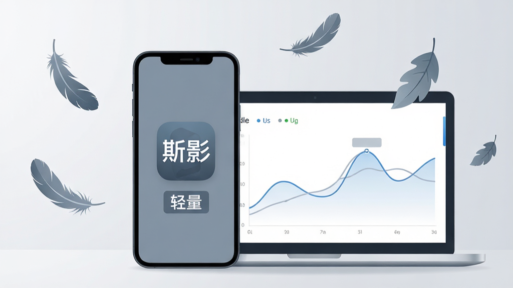 一部手机与一台笔记本电脑并排摆放,手机屏幕显示“斯影”应用图标与“轻量”字样标签,笔记本屏幕显示资源占用曲线图;背景为浅灰色渐变,画面中漂浮着羽毛与树叶元素象征轻量;风格为简约商务插画风,配色以灰蓝、浅白为主;细节上图标边缘清晰,曲线图线条流畅;画质高清,画面干净整洁。