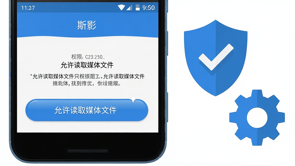 一部安卓手机屏幕显示“斯影”应用的权限设置引导页面,页面上有“允许读取媒体文件”的蓝色按钮与权限说明文字;手机旁边放置一个带对勾的盾牌图标与一个齿轮图标,象征权限与设置;风格为简洁的扁平化信息图风格,配色以蓝白为主;细节上按钮有轻微高光,文字排版清晰;画质高清,画面干净,无多余元素。