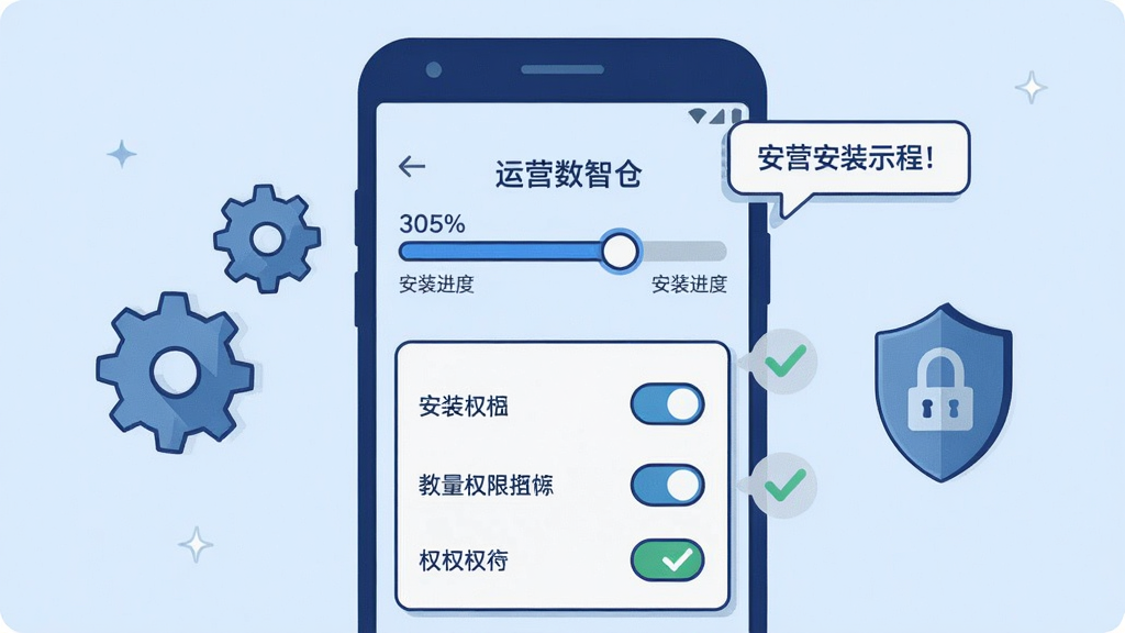 画面主体为安卓手机安装流程示意图,屏幕显示“运营数智仓”安装进度条与权限开关面板;布局为手机居中、左右两侧分布齿轮与盾牌图标;排版清晰纵向引导;风格为扁平化教程插画风,浅蓝底配深蓝线条;细节包含进度百分比、权限开关滑块、提示气泡与勾选标记;画质高清,画面干净,无多余元素