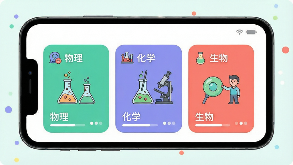 一张科学要实验软件多学科实验分类界面的展示图,画面主体为手机界面,屏幕中横向排列物理、化学、生物三个彩色卡片区域,每张卡片内绘制对应的实验器材简笔画,布局采用三栏并列式,风格为清新明快的扁平插画风,细节包括卡片圆角、学科图标与进度标记,画质清晰干净,无多余元素