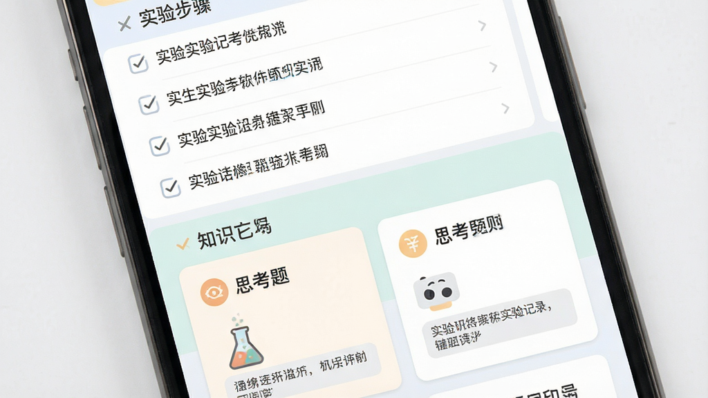 一张科学要实验软件实验记录与知识卡片页面的展示图,画面主体为手机界面,屏幕上半部分为实验步骤列表,下半部分为知识卡片图文混排,布局上下分栏,风格为柔和浅色扁平风,细节包括记录条目、卡片标题与思考题图标,画质清晰干净,无多余元素