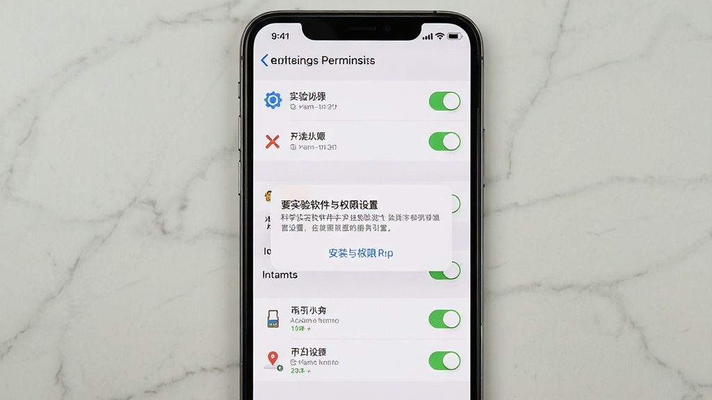 一张科学要实验软件安装与权限设置引导页的手机截图风格生图,画面主体为手机屏幕,屏幕内显示权限开关列表与安装提示弹窗,布局为纵向列表式,风格为简洁明快的系统设置界面风,细节包括权限图标、开关按钮与提示文字框,画质清晰干净,无多余元素