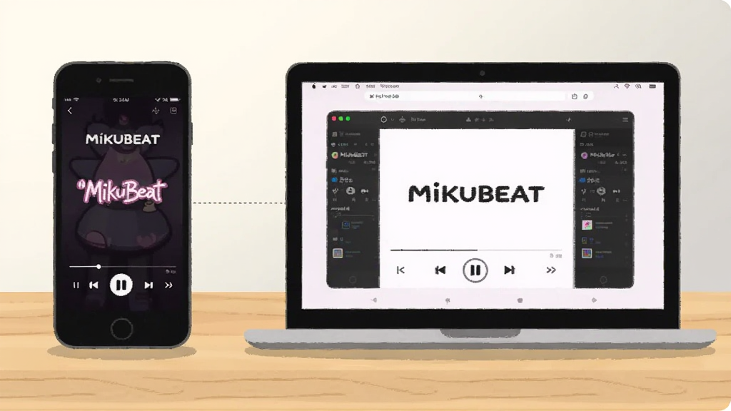一部手机与一台笔记本电脑并排放在浅色木纹桌面上,手机屏幕显示“MikuBeat”的深色主题播放界面,笔记本屏幕显示同一软件的浅色主题界面,两者之间用一条细虚线连接,背景为米白色到浅灰的柔和过渡,整体采用清新简约的扁平插画风格,构图平衡,画质清晰,无杂乱元素