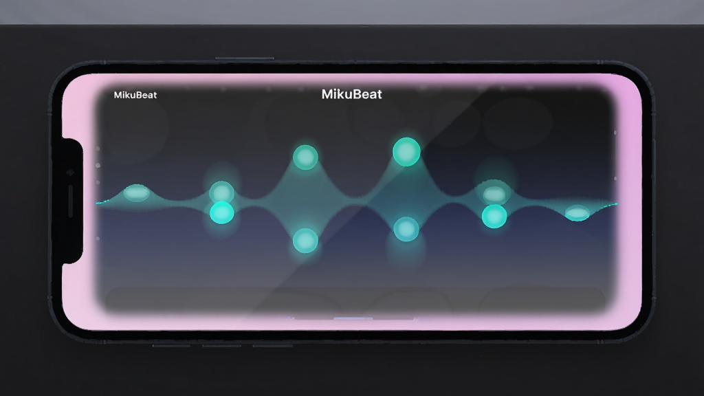 一部手机横置在深色桌面上,屏幕显示“MikuBeat”界面的节拍可视化区域,中央有数个青绿色圆形光点沿横向波形排列并呈现高低起伏,界面边缘带柔和粉紫光晕,背景为深灰到墨蓝的渐变,整体风格为简洁科技插画,构图突出屏幕内容,画质干净清晰,无多余文字与装饰