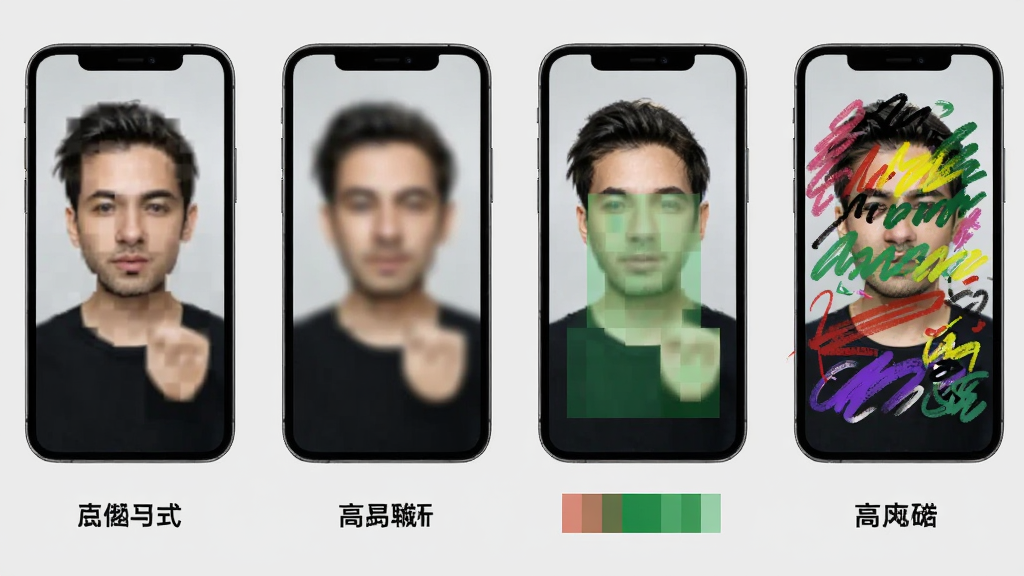 画面主体为四部并排的手机,每部手机屏幕展示同一个人物照片使用不同打码样式的效果,分别为马赛克、高斯模糊、纯色色块、涂鸦遮挡;布局为四部手机横向等距排列、背景为浅灰色;风格为清爽的产品功能展示图;细节上每部手机下方标注对应样式名称、打码区域位置一致便于对比;画质清晰、干净、无多余元素