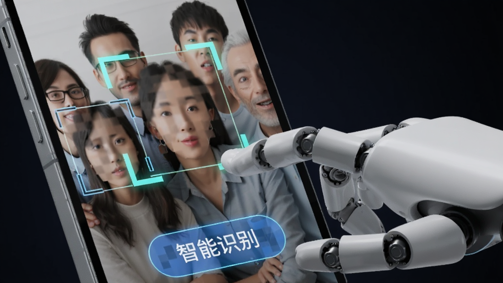 画面主体为一只机械手正在点击手机屏幕上的