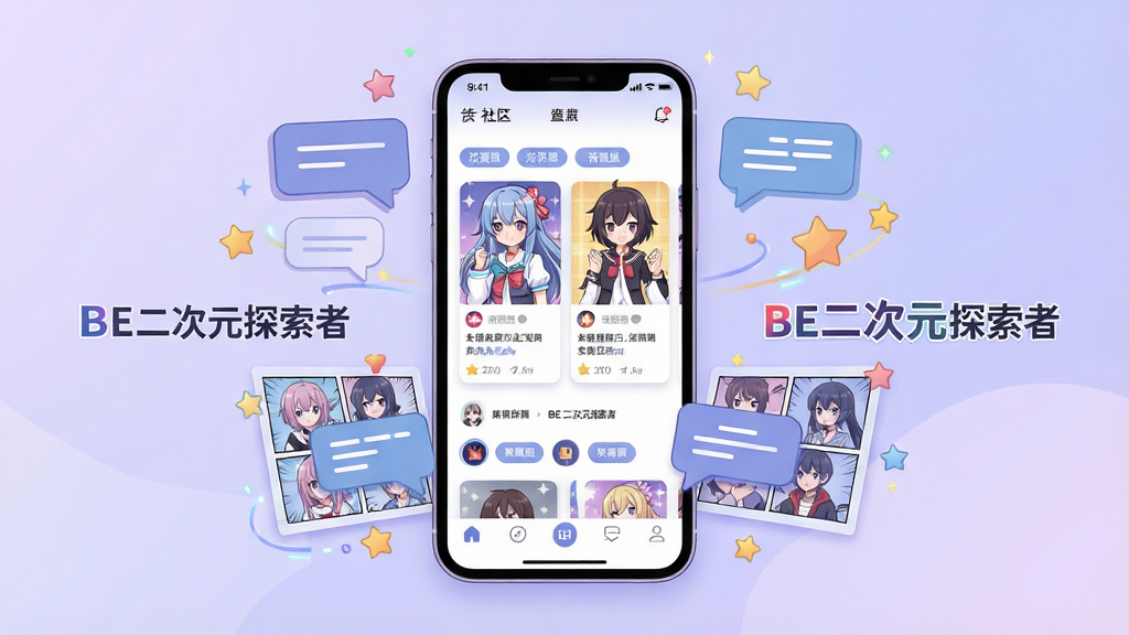 画面中央呈现一部竖屏智能手机,屏幕内展示二次元风格的内容社区界面,包含动漫角色卡片、话题标签与底部导航栏,手机周围环绕漂浮的动漫气泡对话框、星星与漫画分镜元素,整体布局居中对称,背景为柔和渐变浅紫色,风格为扁平化插画与轻科技感结合,细节包含清晰的图标与卡片层次,画质高清,干净无多余元素,画面中打文字“BE二次元探索者”