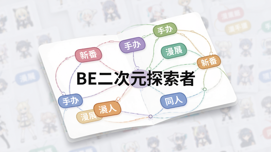一张信息卡片在画面中间展开,卡片上排列着多个彩色兴趣标签如“新番”“手办”“漫展”“同人”,标签以圆角矩形呈现,周围有细线连接形成聚合网络,背景为浅灰白色,风格简洁现代,细节清晰,画质干净,画面中打文字“BE二次元探索者”