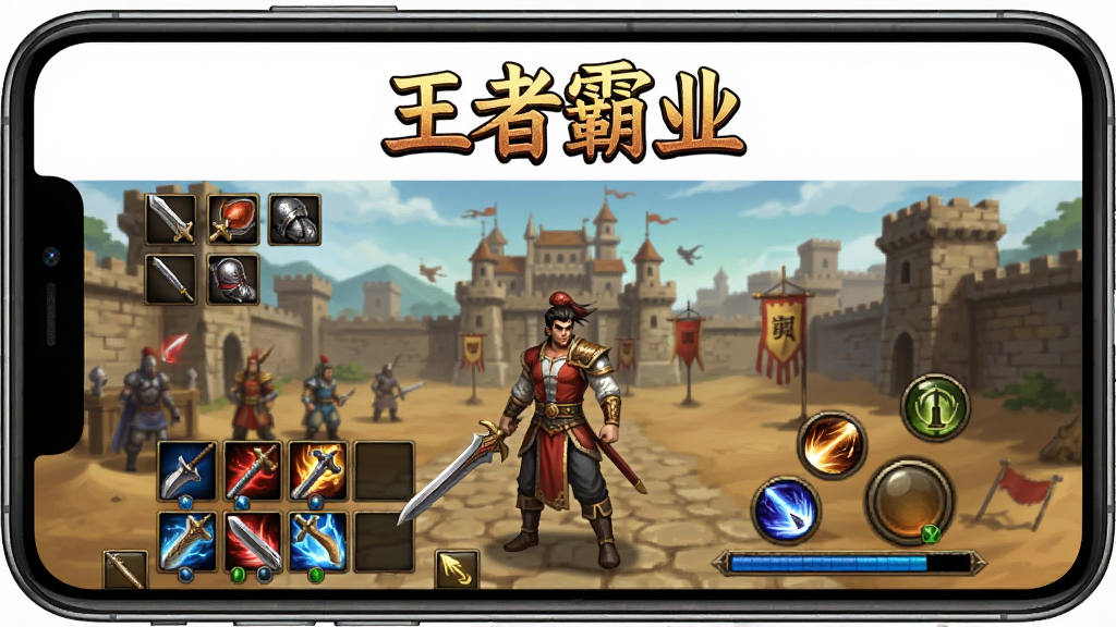 主体为一款名为“王者霸业”的传奇类手游主界面展示,布局为居中手机屏幕画面,屏幕内呈现复古沙城背景与角色站立姿态,排版为上下结构上方留白放置游戏名称,风格为经典传奇复古写实,细节包含装备栏图标、技能按钮与血条蓝条,画质高清干净无多余元素