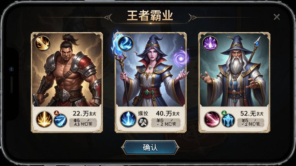 主体为“王者霸业”转职选择界面,布局为手机屏幕中央展示三个职业分支立绘,排版为横向排列职业卡片上方标题下方确认按钮,风格为奇幻写实游戏风,细节包含战士法师道士形象、技能图标与属性数值,画质高清干净无多余元素