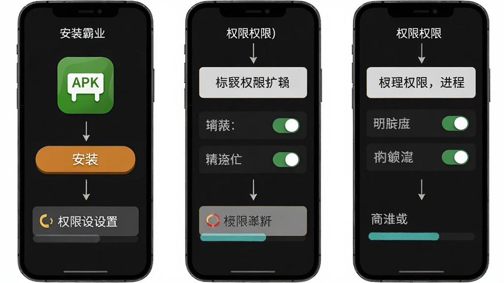 主体为“王者霸业”手游安装与权限设置流程示意画面,布局为手机屏幕分步骤展示安装按钮与权限开关,排版为纵向步骤排列配文字说明框,风格为简洁教程图示风,细节包含APK图标、权限开关与进度条,画质清晰干净无多余元素