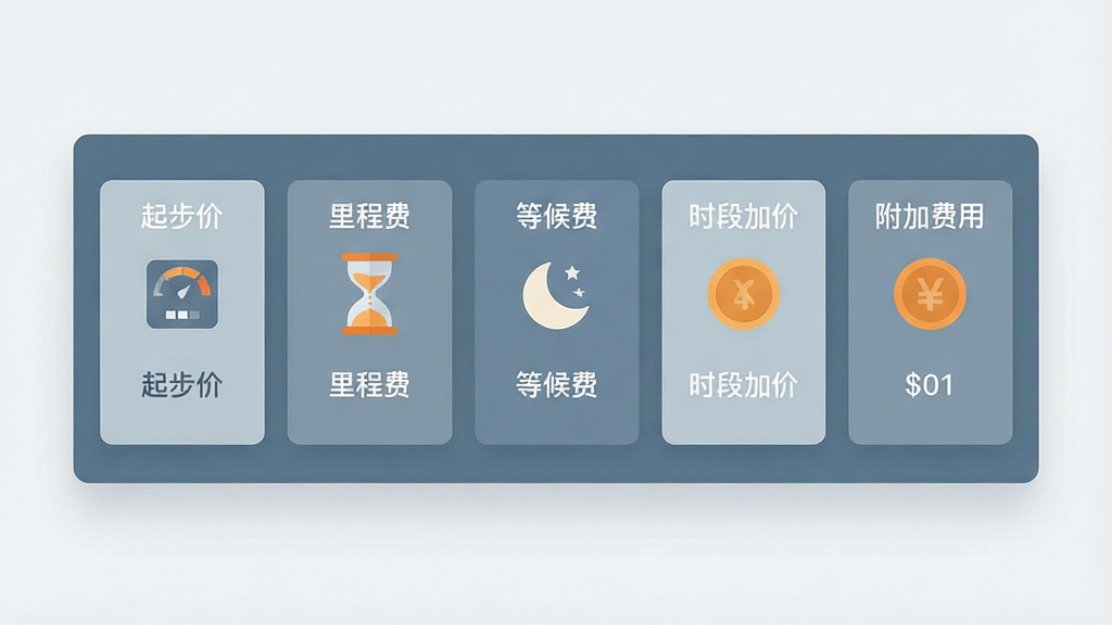 画面为一张横向展开的功能面板示意图,面板上整齐排列五个独立卡片模块,分别标注起步价、里程费、等候费、时段加价、附加费用字样,每个卡片配有对应的简约图标,如里程表、沙漏、月亮、硬币等,面板悬浮于浅色背景之上,风格为现代扁平化信息图,配色以蓝灰为主辅以橙色点缀,画质干净清晰,排版疏密有致,无杂乱元素