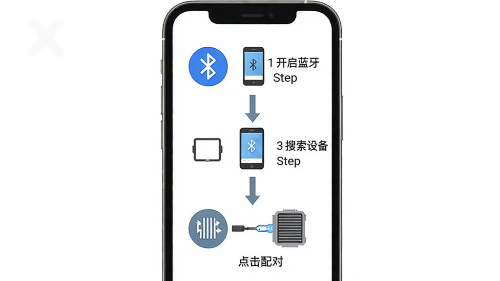冰环X应用新手连接引导界面展示图,手机屏幕显示分步连接教程,包含开启蓝牙、搜索设备、点击配对三个步骤图标,布局为纵向步骤条,排版清晰,风格为扁平化教程示意图,细节包含步骤序号、蓝牙图标、手机与散热器连接示意,画质高清,干净,无多余元素