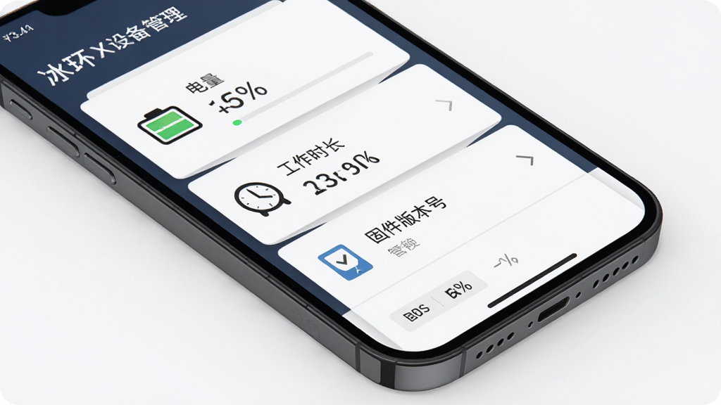 冰环X设备管理页面展示图,手机屏幕呈现设备信息卡片,包含电量百分比、工作时长、固件版本号等条目,布局为卡片式纵向排列,排版整齐,风格为简约商务风界面,细节包含电池图标、时钟图标、版本标签,画质高清,干净,无多余元素