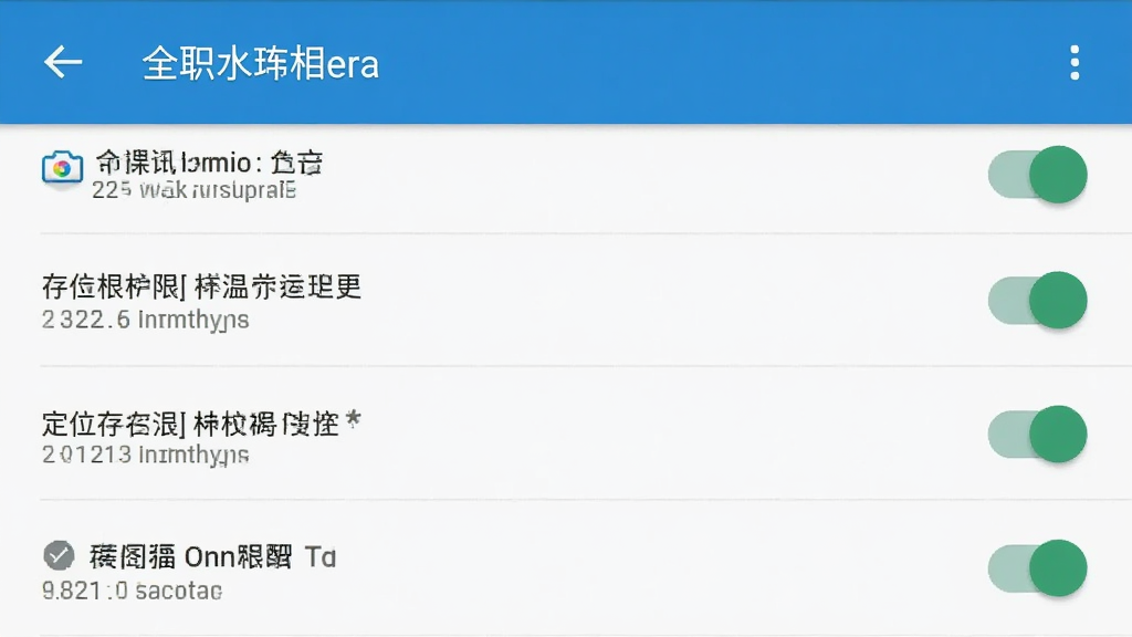 全职水印相机在安卓手机上的权限设置界面截图示意,画面展示相机定位存储权限开关列表,界面风格为系统原生设置页,干净整洁,画质清晰,无多余元素