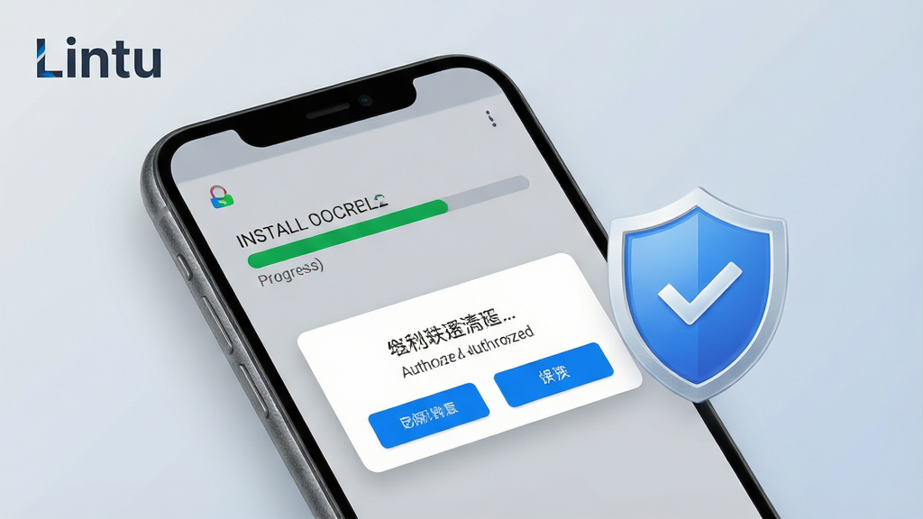 一张安卓手机安装应用的操作示意图,画面主体为手机屏幕显示安装进度条与权限授权弹窗,屏幕旁配有一个盾牌图标象征安全提示,背景为浅灰蓝色渐变,画面左上角有“Lintu”文字标识,风格简洁明快,细节上进度条清晰、弹窗按钮分明、手机边框质感真实,画质高清,画面干净无多余元素