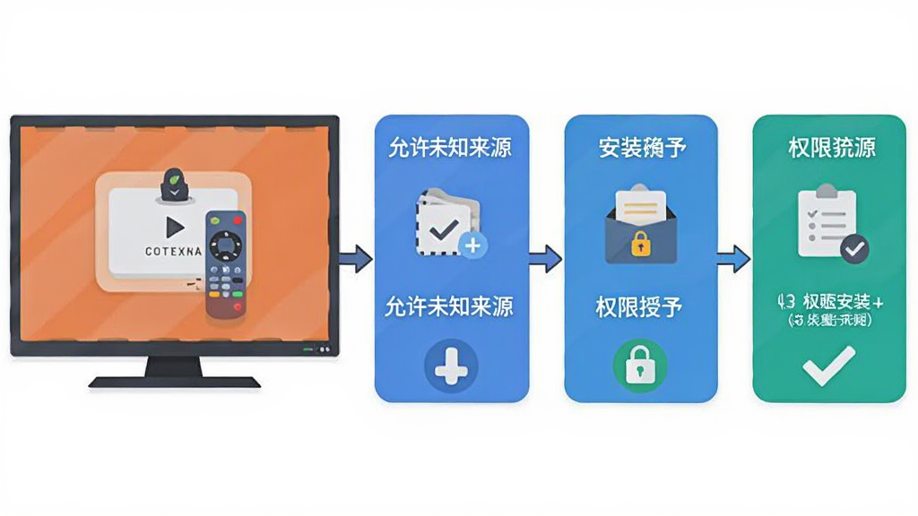 极影匣安装与设置流程示意图,画面主体为电视屏幕旁排列的步骤卡片,依次展示允许未知来源、安装确认、权限授予三个环节,布局为横向流程图排版,风格为扁平化教程插画风,细节包括遥控器图标和勾选标记,画质清晰,干净无多余元素