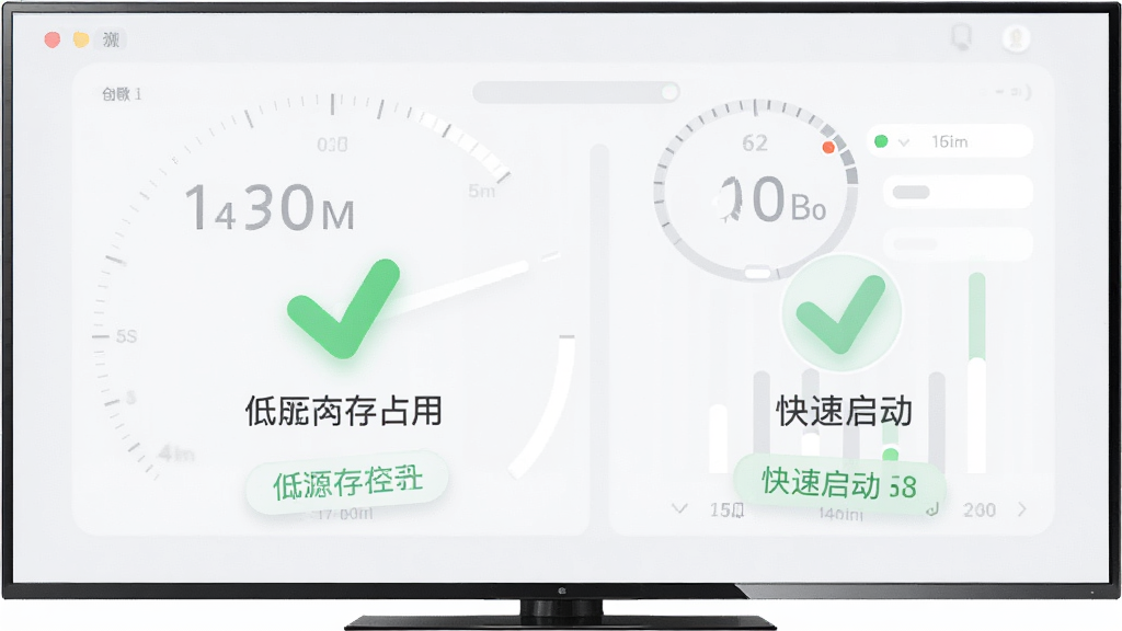 极影匣软件运行状态示意图,画面主体为电视屏幕旁的资源占用仪表盘图形,显示低内存占用和快速启动的图标,布局为居中信息图排版,风格为简约数据可视化风,细节包括绿色对勾图标和轻量标签,画质干净,无多余元素