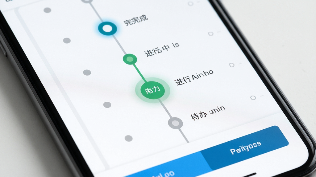 主体为手机屏幕展示业务进度时间轴页面,布局为纵向步骤条加状态节点加底部操作按钮,排版纵向延伸清晰,风格为轻量商务风,细节包括已完成节点高亮、进行中节点动效感、灰色待办节点,画质清晰干净,无多余元素