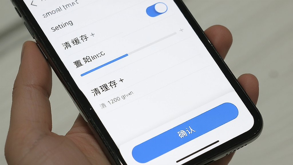 主体为手机屏幕展示设置与清理缓存页面,布局为纵向设置项列表加底部确认按钮,排版简洁留白充分,风格为清爽工具风,细节包括开关控件、进度条、浅灰分割线,画质清晰干净,无多余元素