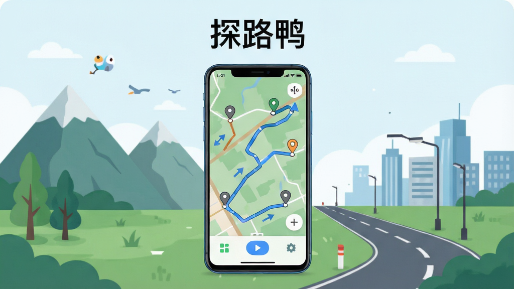 画面主体是一部竖屏安卓手机,手机屏幕上显示探路鸭软件的主界面地图与路线规划线条,布局为手机居中放置于画面中央,背景是简约的户外山野与城市道路融合的插画风格,排版上方留白放置软件名称文字“探路鸭”,风格为清爽扁平化科技插画,细节包括地图标记点、方向箭头、轨迹线条与底部功能按钮,画质清晰干净无多余元素
