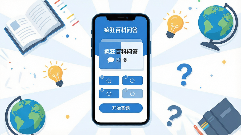 主体是一部智能手机居中放置,屏幕显示蓝白配色的知识问答界面,包含题目卡片与四个选项按钮,周围环绕书本、地球仪、灯泡、问号图标等知识元素,布局采用中心放射式构图,排版清爽留白充足,风格为扁平化现代科技插画,细节上屏幕内文字为“疯狂百科问答”与“开始答题”按钮,画质高清,画面干净,无多余元素