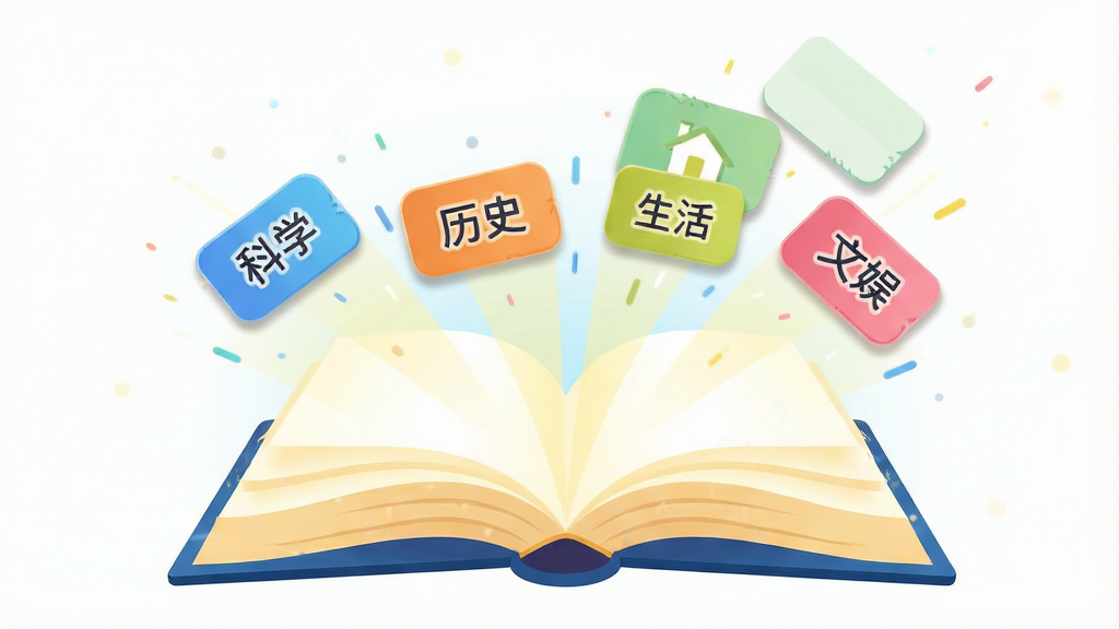 主体是一本展开的巨大发光书本,书页中飞出分类标签卡片,分别标注“科学”“历史”“生活”“文娱”,布局为书本居中、卡片呈弧形向上飞散,排版富有动感,风格为明亮扁平插画,细节上卡片边缘带圆角与浅色阴影,画质清晰,画面干净,无多余元素