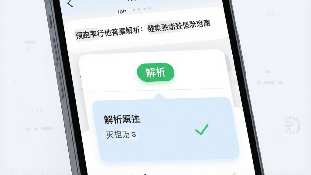 主体是手机屏幕特写,屏幕内显示一道题目与答案解析面板,面板上有绿色对勾与“解析”字样标签,布局为屏幕居中、解析面板从下方弹出,排版层次清晰,风格为简洁UI界面插画,细节上解析区域用浅蓝底色区分,画质高清,画面干净,无多余元素