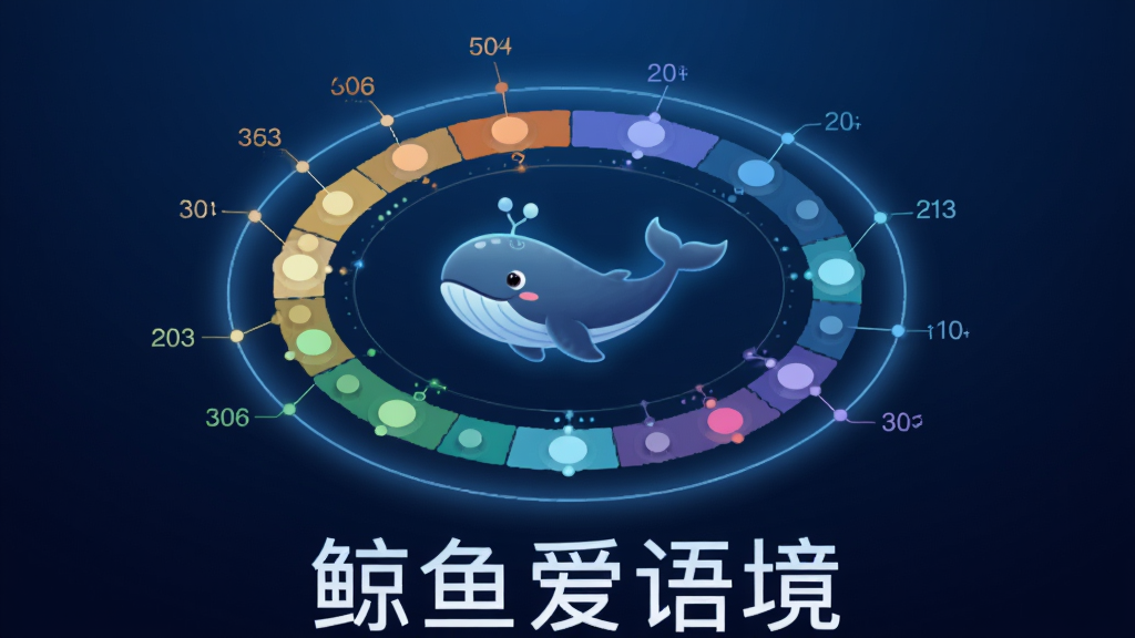 画面主体为一个发光的环形数据图表,图表中心是一条卡通鲸鱼剪影,环形上分布着不同颜色深浅的节点代表单词记忆强度,布局为居中构图、图表占据画面主体,排版上“鲸鱼爱语境”以简洁无衬线字体置于图表正下方,风格为科技感信息图风格,细节包括节点之间有细线连接、背景为深蓝渐变、图表边缘有微光晕染,画质高清干净,无多余元素干扰