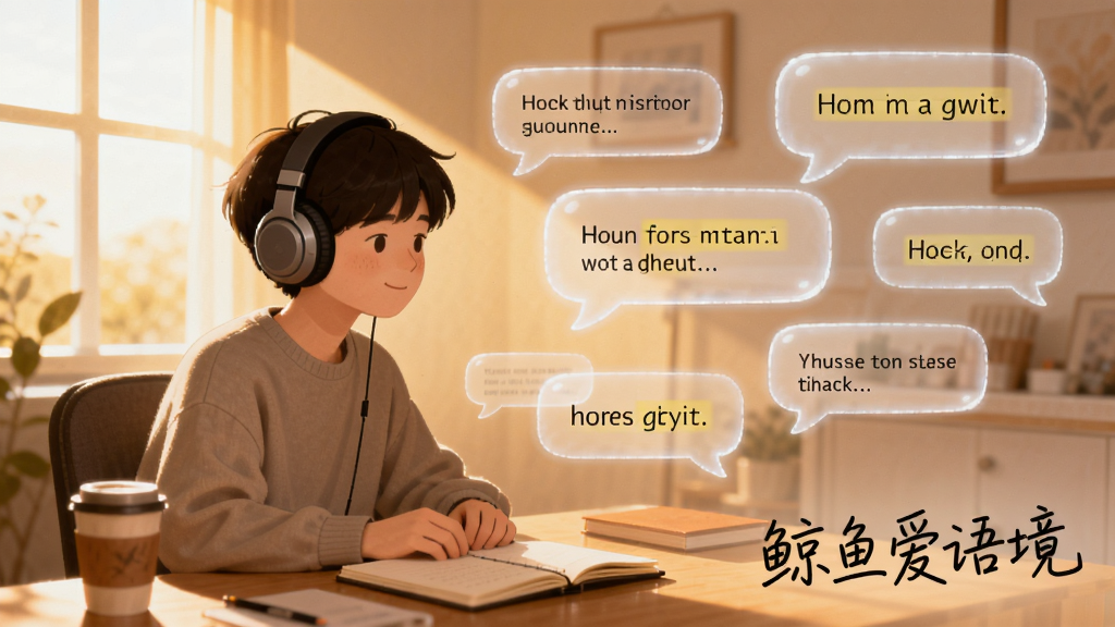 画面主体为一位年轻人戴着耳机坐在书桌前,面前悬浮着多个半透明的对话气泡,气泡内写着英文句子并高亮显示某个单词,布局为人物偏左、气泡群向右上方延展,排版上“鲸鱼爱语境”以手写体标注在右下角,风格为温暖治愈系数字插画,细节包括桌上有咖啡杯与笔记本、窗外透进晨光、气泡有轻微发光效果,画质细腻干净,无多余装饰元素