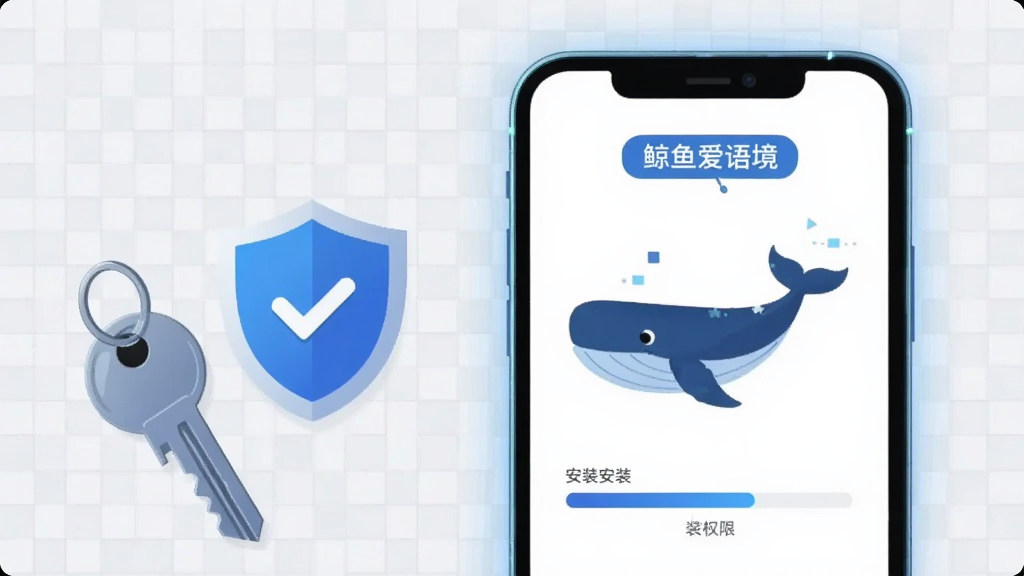 画面主体为一部智能手机屏幕特写,屏幕上显示鲸鱼爱语境的学习界面与安装进度条,手机旁边放着一把钥匙与一个盾牌图标象征安全与权限,布局为手机居中偏右、钥匙与盾牌在左侧形成平衡,排版上“鲸鱼爱语境”以简洁标签样式出现在手机屏幕顶部,风格为扁平化科技插画,细节包括手机边缘有微光、背景为浅灰网格纹理、盾牌上有对勾标记,画质清晰干净,无多余装饰
