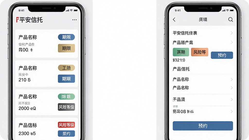 画面主体为“平安信托”产品列表与详情页并排展示;布局为左右双手机构图,中间留白;排版左侧为列表、右侧为详情;风格为简约商务风,浅灰背景;细节包括产品名称、期限标签、风险等级色块、预约按钮;画质高清,画面干净,无多余元素