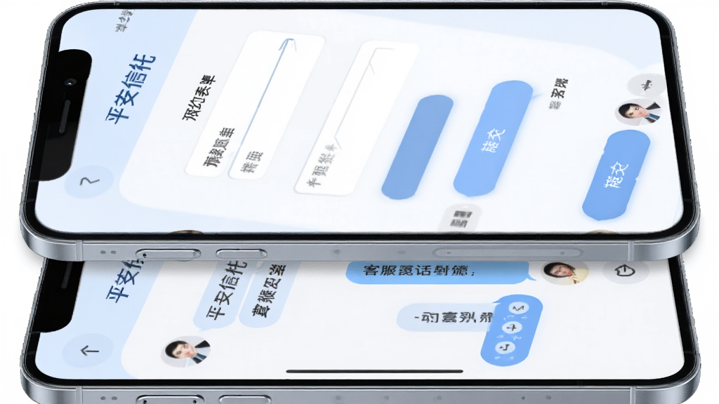 画面主体为“平安信托”应用内预约表单页面与客服对话界面;布局为上下叠放的两部手机;排版上图为表单、下图为聊天窗口;风格为柔和圆角风,淡蓝配色;细节包括输入框、提交按钮、对话气泡、客服头像;画质高清,画面干净,无多余元素