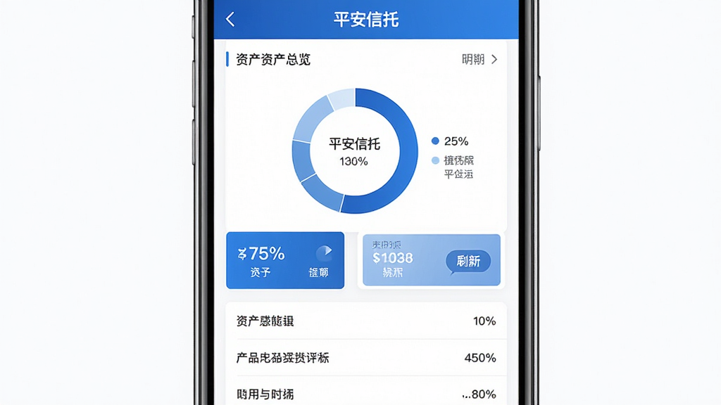 画面主体为“平安信托”应用内的资产总览页面,展示环形图与数字卡片;布局为手机屏幕特写居中,四周留白;排版上图为图表、下图为明细列表;风格为清爽商务风,蓝白配色;细节包括清晰的百分比数字、产品名称标签、刷新按钮;画质高清,画面干净,无多余元素