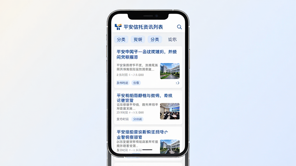 画面主体为“平安信托”资讯列表页面,展示多条新闻卡片;布局为单手机居中,背景为浅色渐变;排版为纵向列表,顶部有分类标签;风格为清新浅色风,白底蓝字;细节包括标题文字、发布时间、缩略图、分类标签;画质高清,画面干净,无多余元素