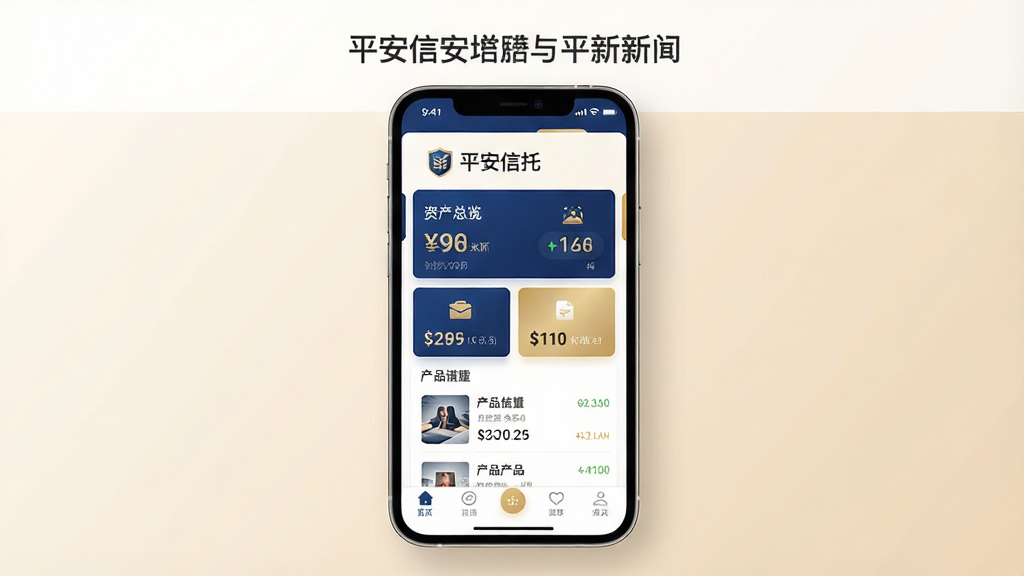 画面主体为一部竖屏智能手机,屏幕中央显示“平安信托”应用首页界面,包含资产总览卡片与产品列表;布局采用居中对称构图,手机置于画面正中,背景为浅米色渐变;排版上方留白放置简洁标题区域,下方为手机主体;风格为现代金融科技风,配色以深蓝与金色为主;细节包括屏幕内清晰的功能图标、数字卡片、底部导航栏,手机边缘有柔和光影;画质高清,画面干净,无多余元素
