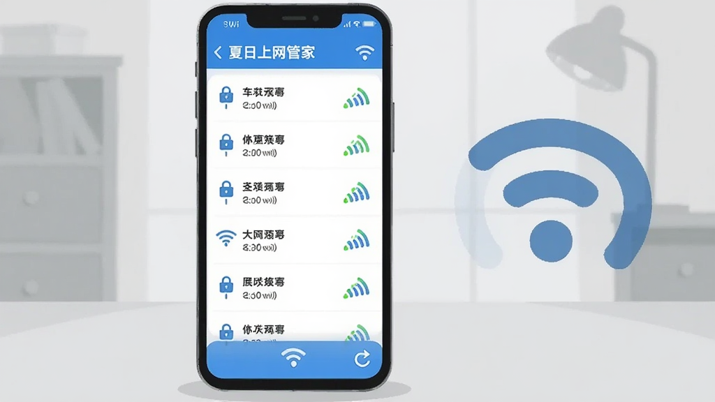 һ���ֻ��������������룬��Ļ��ʾ�����������ܼҡ���WiFi�б����棬����ȵ������Ա�ע�ź�ǿ�Ȼ��ߣ��ֻ��Ҳ���һ���Ŵ���ź���ǿͼ�꣬����Ϊǳ��ɫ���ڻ���������ƽ���廭��ϸ�ڰ����źŸ�����ͼ����ˢ�°�ť�����ʸɾ��������޶���Ԫ��
