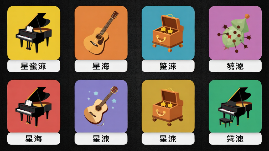 星云弹琴音色选择界面截图风格展示,屏幕上排列着钢琴、吉他、八音盒等乐器图标,每个图标下方配有音色名称标签,背景为深色质感界面,图标采用扁平化设计,色彩鲜明,画质高清,干净无多余元素