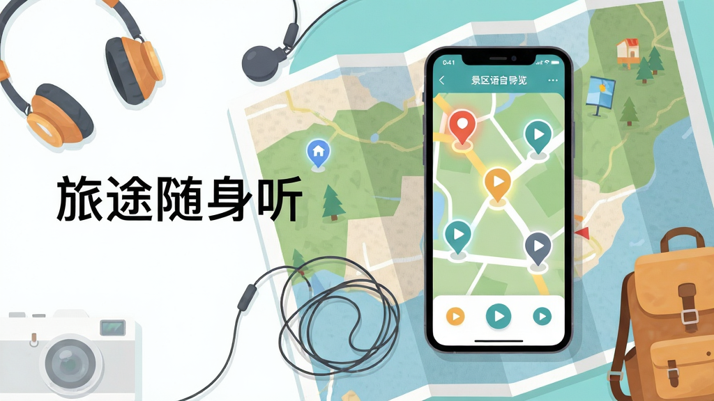 画面主体为一款智能手机,屏幕中显示旅途随身听APP的景区语音导览界面,地图上标注着多个景点图标和播放按钮;手机放置在一张展开的旅行地图上,旁边点缀着耳机、相机和小背包等旅行元素;整体布局为手机居中偏右,左侧留白放置软件名称文字;风格为清新明亮的扁平化插画风;细节包括地图纹理、景点标记高亮、耳机线自然弯曲;画质清晰干净,无多余元素